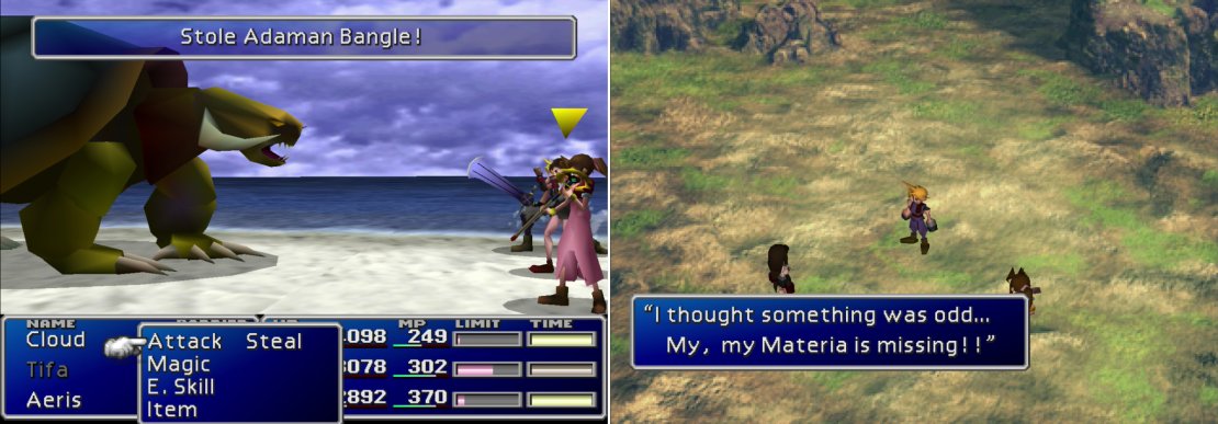 Learn the &ldquo;Death Force&rdquo; Enemy Skill from the Adamantaimai that prowl along Wutai&rsquo;s beaches (left). After encountering some Shinra troops, the party will discover that Yuffie made off with some of their belongings (right).