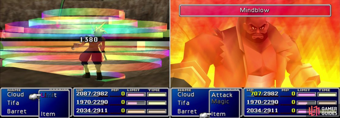 Rapps&rsquo; &ldquo;Aero 3&rdquo; attack can deal some wicked damage (left), but Barret&rsquo;s Mind Blow Limit Break will deplete Rapps&rsquo; MP and deprive him of this attack (right).