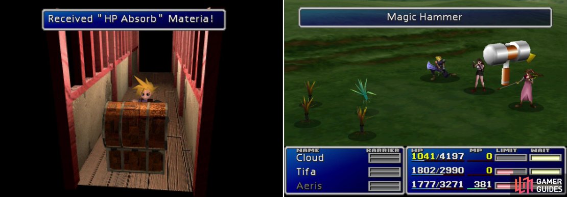 After recovering your Materia, find the HP Absorb Materia in the cat-filled house (left). Learn the &ldquo;Magic Hammer&rdquo; Enemy Skill from the Razor Weeds that dwell upon the grasslands outside of Wuiai (right).