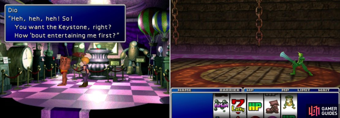 After oogling the Keystone, Dio will offer it to you&hellip; provided you entertain him (left). Do so by competing in the Battle Arena, defeating rounds of enemies and surviving cumulative handicaps after each round (right).