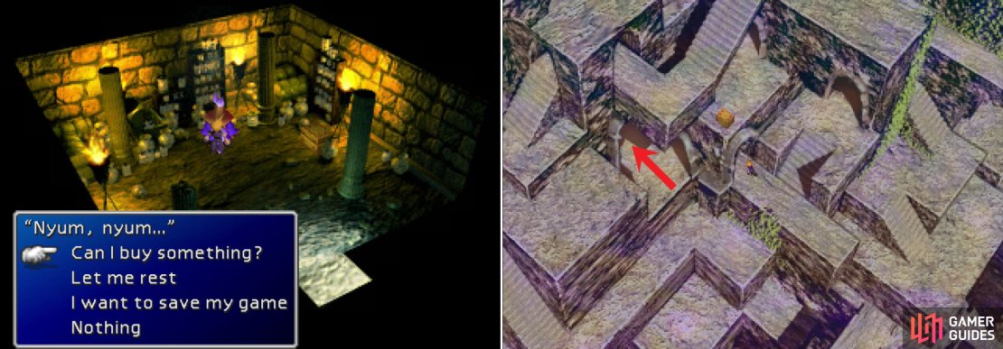 Chase down the Ancient spirit and it&rsquo;ll provide a few basic - but useful - services (left). Make your way through the labyrinth to find the next area (the area transition is marked by the big red arrow!) (right).