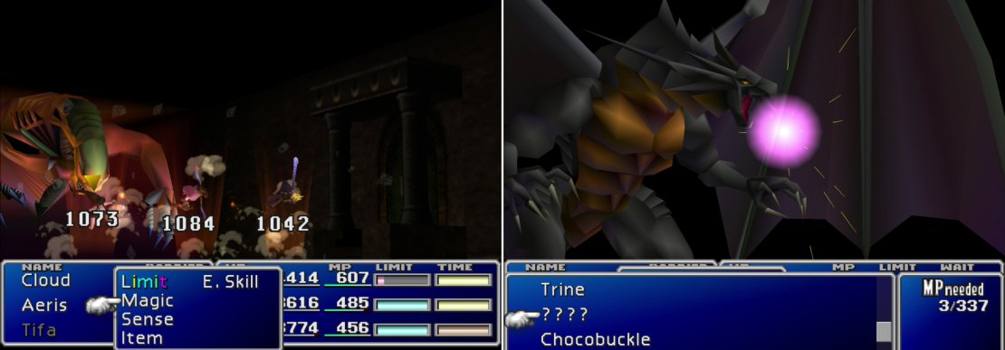 The Demons Gate&rsquo;s &ldquo;Demon Rush&rdquo; attack can deal heavy damage to the entire party (left). Consider employing your new-found Bahamut Materia to shave off a hefty chunk of damage from this boss (right).
