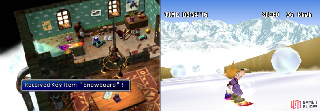 After encountering Elena, talk to the injured boy to get his &ldquo;Snowboard&rdquo; (left), then ride the perilous device down the slope to reach the Great Glacier (right).