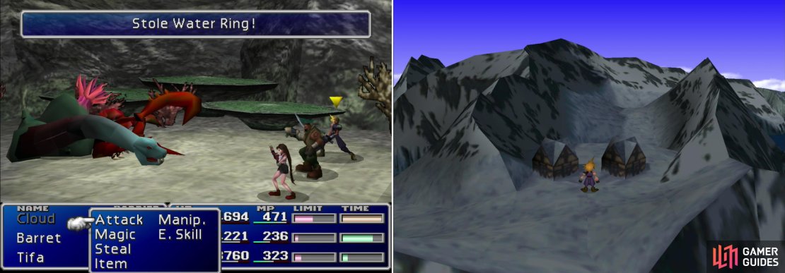 You can steal Water Rings from Acrophies, for what good it&rsquo;ll do you (left). Make your way across the snowy fields to find the Icicle Inn (right).
