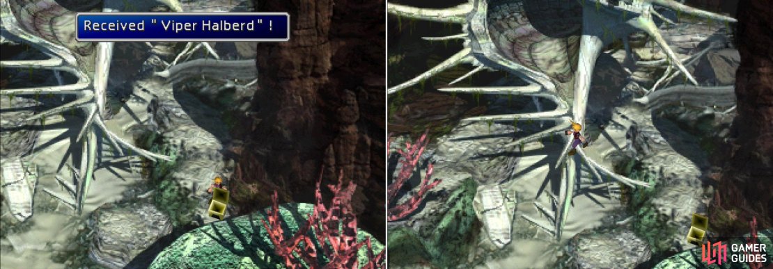 Run around the shell to find a chest containing a Viper Halberd (left) then leap up the shell&rsquo;s spikes to reach the next area (right).