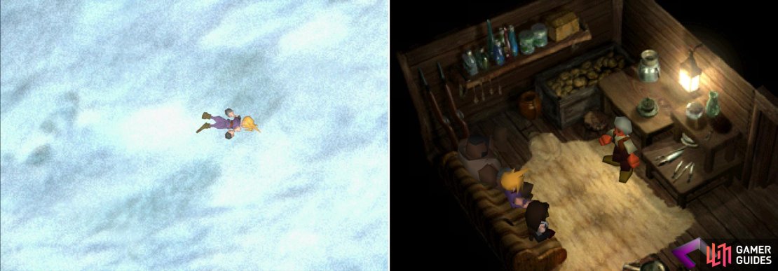 If you stay out on the Great Glacier too long, you&rsquo;ll pass out from exposure (left) only to be rescued by Holzoff, whose cabin is along the northern reaches of the Great Glacier (right).