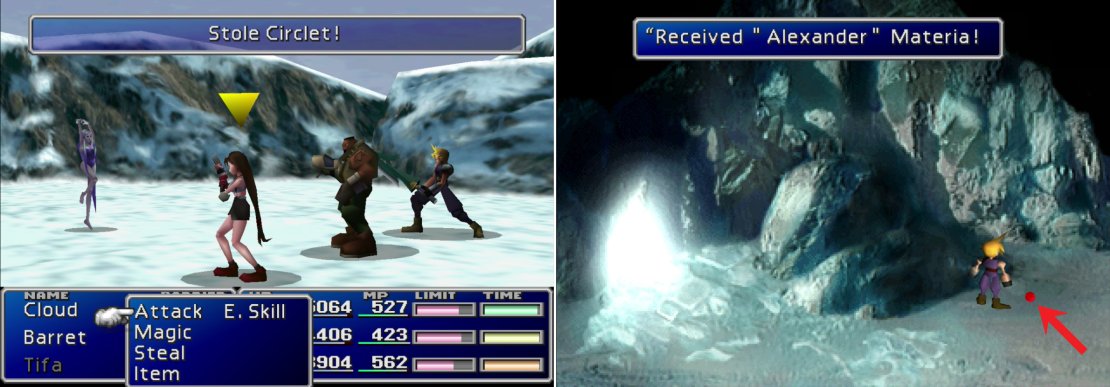 During your fight with the &ldquo;Snow&rdquo; witch, steal a Circlet (left) and afterwards claim the real prize; Alexander Materia (right).