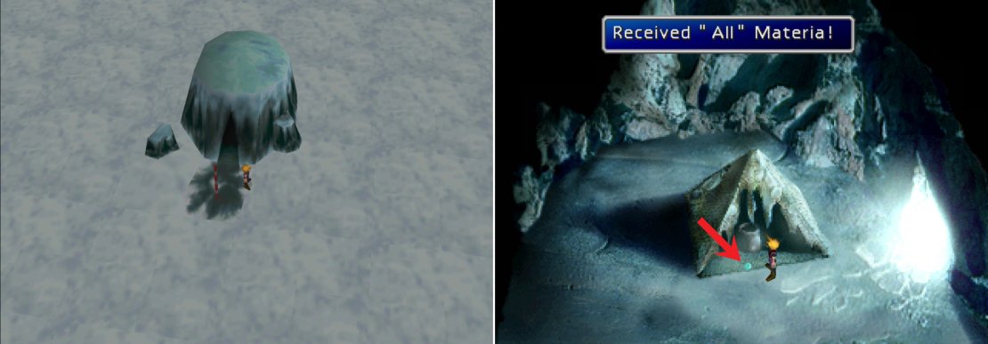In the center of the Blizzard Tundra you&rsquo;ll find a cave (left) inside of which you can find some All Materia (right).
