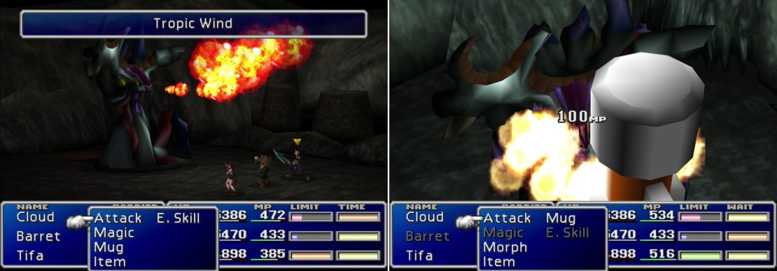 Jenova-DEATH&rsquo;s attacks aren&rsquo;t terribly powerful (left), and these weak attacks can be prevented entirely by draining all of Jenova-DEATH&rsquo;s with &ldquo;Magic Hammer&rdquo; (right).