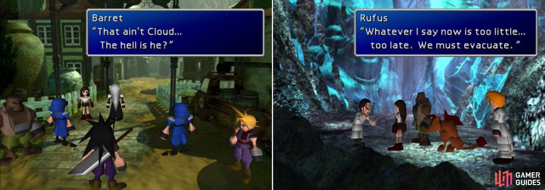 As Cloud closes in on the Promised Land, Sephiroth plays mind tricks with him by showing him illusions that call his past into question (left). After Cloud&rsquo;s encounter with Sephiroth, the party and Shinra make odd bed-fellows (right).