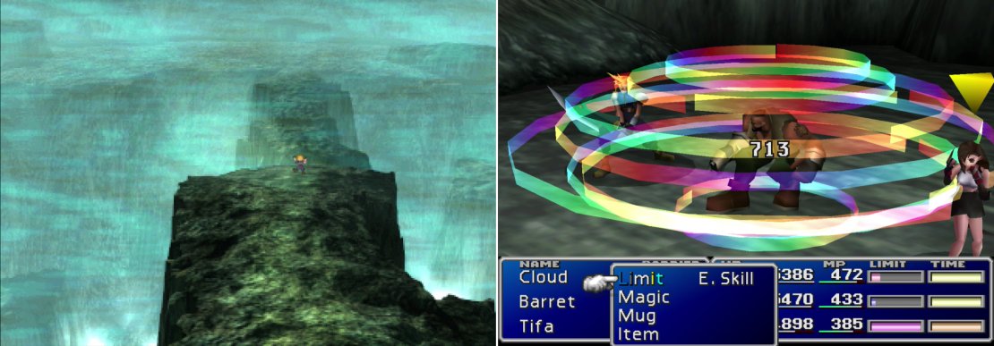 If you cross at the wrong time, you&rsquo;ll be rebuffed by the elements (left) and forced to fight some Wind Wings, which can cast &ldquo;Aero 3&rdquo; (right).