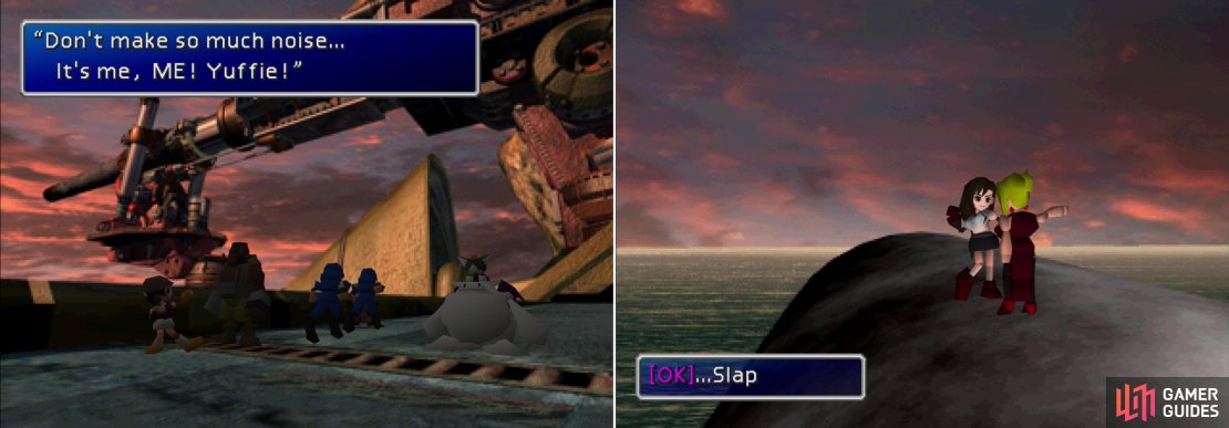 If you recruited her earlier, you&rsquo;ll find Yuffie following Cait Sith&rsquo;s lead by playing as a reporter (left). At the end of the Sister Ray, Scarlet and Tifa engage in an epic slap fight! (right)