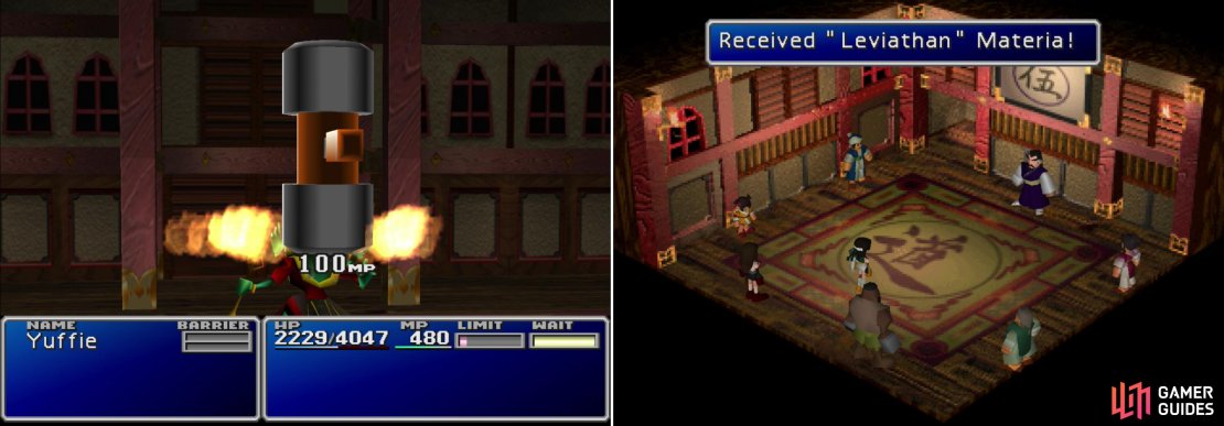 You can effectively neuter Godo by draining his ample MP reserves with &ldquo;Magic Hammer&rdquo; (left). When you win, you&rsquo;ll obtain Yuffie&rsquo;s ultimate Limit Break, All Creation, and the Leviathan Materia (right).