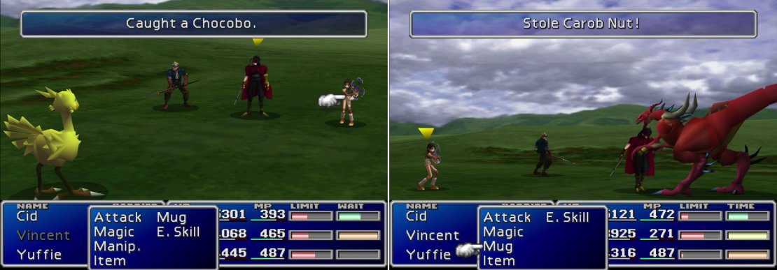 Hunt for &ldquo;Good&rdquo; and/or &ldquo;Great&rdquo; Chocobos near the Gold Saucer and Mideel, respectively (left). To breed them into the rare Green and Blue Chocobos, you&rsquo;ll need to steal a Carob Nut, as well (right).