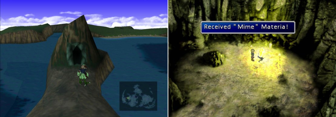 Find a cave near Wutai, which can be reached by riding a Green Chocobo (left). Inside you&rsquo;ll find the immensely useful Mime Materia (right).