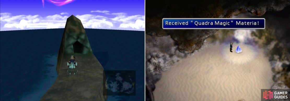 On the northern end of the island chain of which Mideel is part you&rsquo;ll find a cave which can be reached with a Blue Chocobo (left). Inside is the useful Quadra Magic Materia (right).