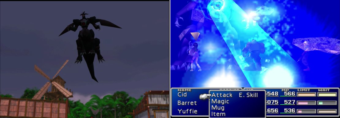 As the Lifestream threatens to erupt, Ultimate Weapon shows up to complicate matters (left). His &ldquo;Ultima Beam&rdquo; is fairly powerful, but Ultimate Weapon&rsquo;s heart isn&rsquo;t in this fight (right).
