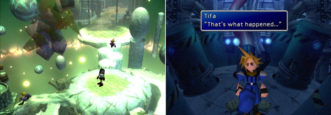 Tifa will have to help Cloud reassemble the broken fragments of his consciousness in the Lifestream (left). After picking through Cloud&rsquo;s repressed memories, the truth will finally be revealed (right).