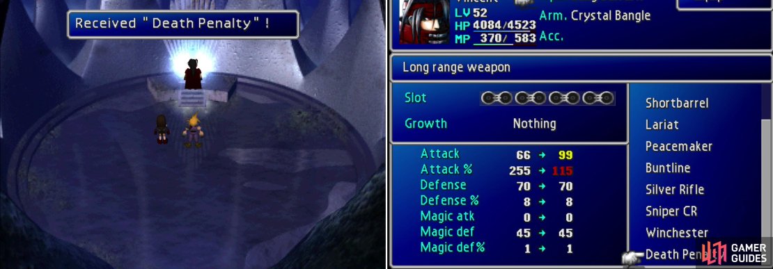 Visit Lucrecia&rsquo;s cave behind the waterfall to obtain Vincent&rsquo;s ultimate Limite Break, Chaos, and his ultimate weapon, Death Penalty (left). Boasting 99 Attack, this weapon charges the more foes Vincent kills (right).