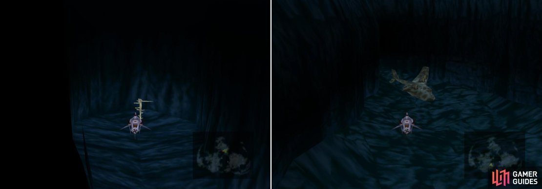 Find a cave along the northern continental shelf, in which you&rsquo;ll find the Key of Ancients (left), then locate the sunken Gelnika on the sea floor near Costa del Sol (right).