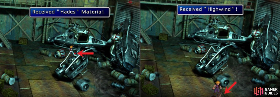 Find a piece of Hades Materia near a ruined helicoptor in the Cargo Room (left) then find Cid&rsquo;s ultimate Limit Break &ldquo;Highwind&rdquo; in a chest along the southern end of the Cargo Room (right).