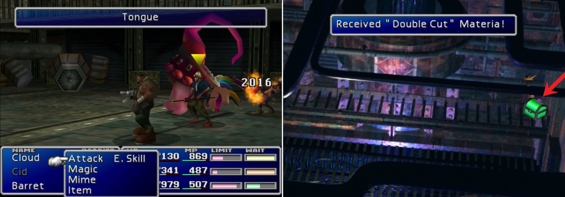 Be wary of the enemies in the Cargo Room and Research Room, as they&rsquo;re some of the most dangerous foes in the game (left). Find Double Cut Materia behind a chest in the Research Room (right).