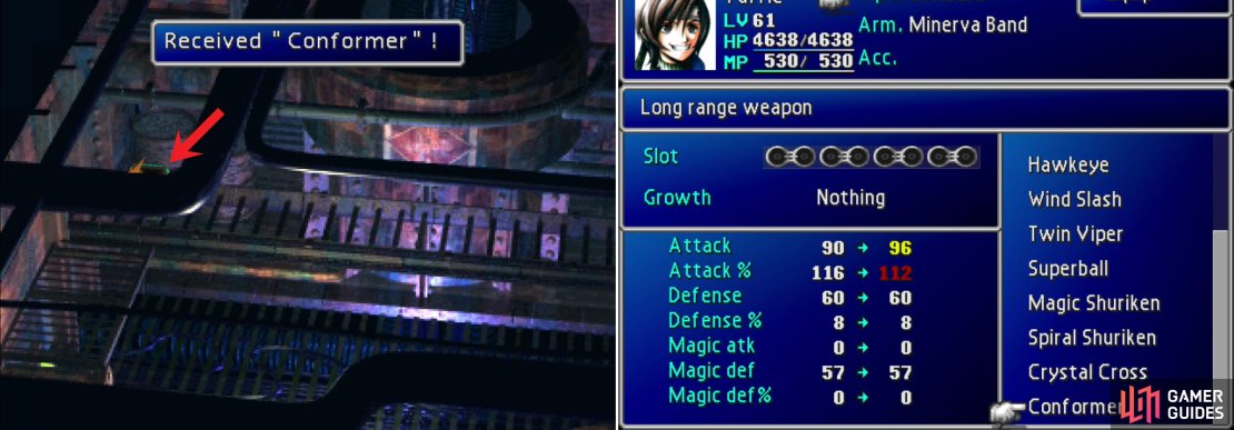 In a chest obscured by the foreground you&rsquo;ll find Yuffie&rsquo;s ultimate weapon, the Conformer (left). Not only is it Yuffie&rsquo;s most powerful weapon, it&rsquo;s also one of the strongest weapons in the game, thanks to how it charges (right).