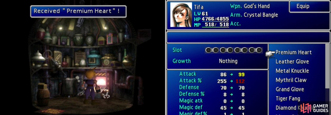 Molest the machine in the &ldquo;ITEM&rdquo; shop in Sector 6 to obtain Tifa&rsquo;s ultimate weapon, the Premium Heart (left). Unfortunately for Tifa, the way it charges limits its usefulness compared to other ultimate weapons (right).