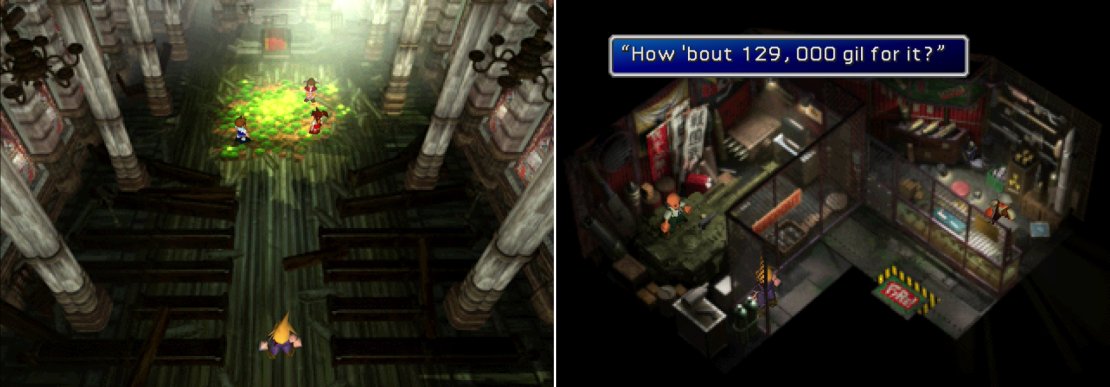 Aeris&rsquo;s &ldquo;ghost&rdquo; will appear if you revisit the church in Sector 5 (left). You can talk to the junk-collecting weapon merchant in Sector 6 to buy the Sneak Glove accessory&hellip; but it bears a hefty price tag (right).