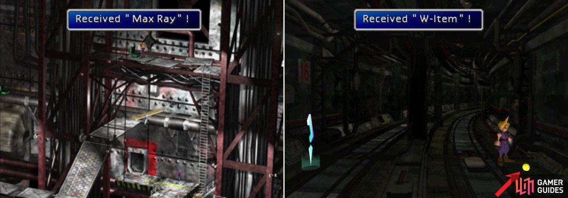 Near the end of the Sector 8, Underground area you&rsquo;ll find the Max Ray, one of Barret&rsquo;s most powerful weapons (left). Explore the Winding Tunnel by heading in the wrong direction to find the W-Item Materia (right).