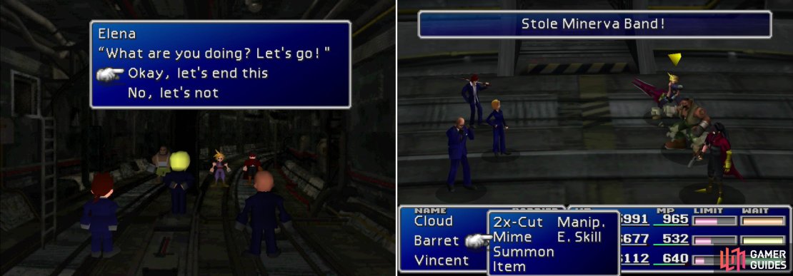 In the Winding Tunnel you&rsquo;ll encounter the Turks for the final time. If you built up some camaraderie during Wutai, they&rsquo;ll offer to live and let live (left). It&rsquo;s more valuable to fight them, however, as you can score great loot from them (right).