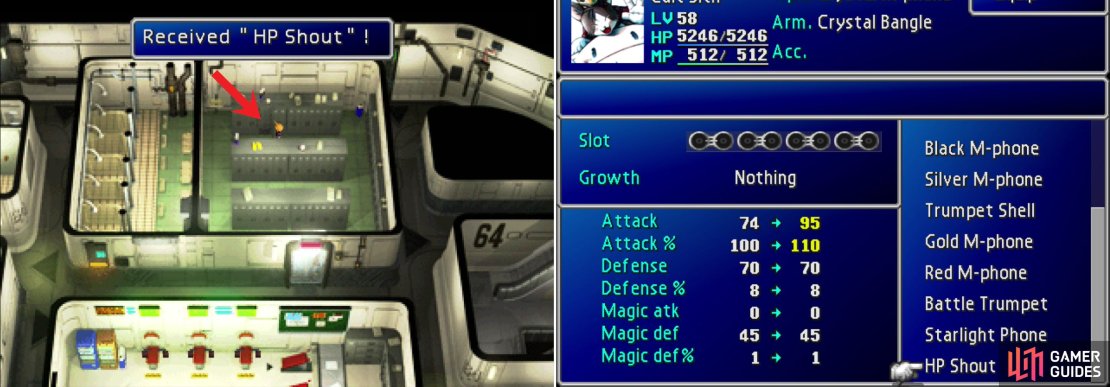Return to the 64th Floor and search the lockers to claim the megaphone Cloud neglected earlier (left). This megaphone, the HP Shout, happens to be Cait Sith&rsquo;s ultimate weapon, which deals more damage the fuller Cait Sith&rsquo;s HP bar is (right).