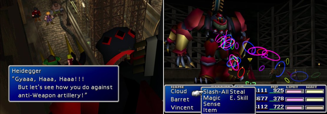 Heidegger and Scarlet will finally take a stand again you, piloting Proud Clod; an anti-Weapon unit developed by Shinra (left). Its &ldquo;Materia-Jammer&rdquo; attack will cast Reflect on a character, but Proud Clod can only use it as long as its Jamar Armor is intact (right).