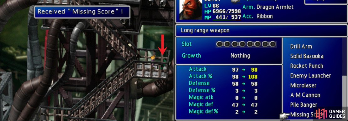If Barrett is in your party you can find his ultimate weapon, the Missing Score, on the scaffolding leading up to the Sister Ray (left). This wonderful weapon charges based on how much AP is equipped in it (right), allowing him to do massive damage when he&rsquo;s properly equipped.