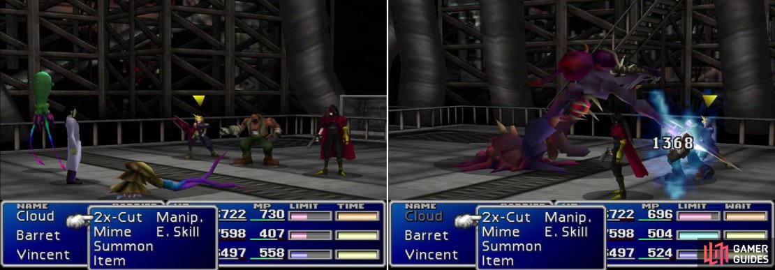 Hojo will spawn some critters to help him out (left). His second form&rsquo;s right arm can inflict grievous damage (right).