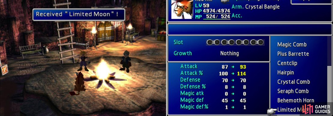 Talk to Bugenhagen after the events at the Forgotten City to obtain Red XIII&rsquo;s ultimate weapon, the Limited Moon (left). Like Cid&rsquo;s weapon, the Limited Moon charges based on how full Red XIII&rsquo;s MP bar is (right).