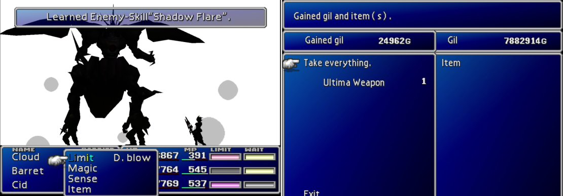 When Ultimate Weapon dies it&rsquo;ll perform Shadow Flare as a final attack, making it a fine time to learn this potent Enemy Skill (left). Aside from a mighty plunder of XP, AP and Gil you&rsquo;ll obtain Cloud&rsquo;s Ultimate Weapon&hellip; Ultima Weapon! (right).