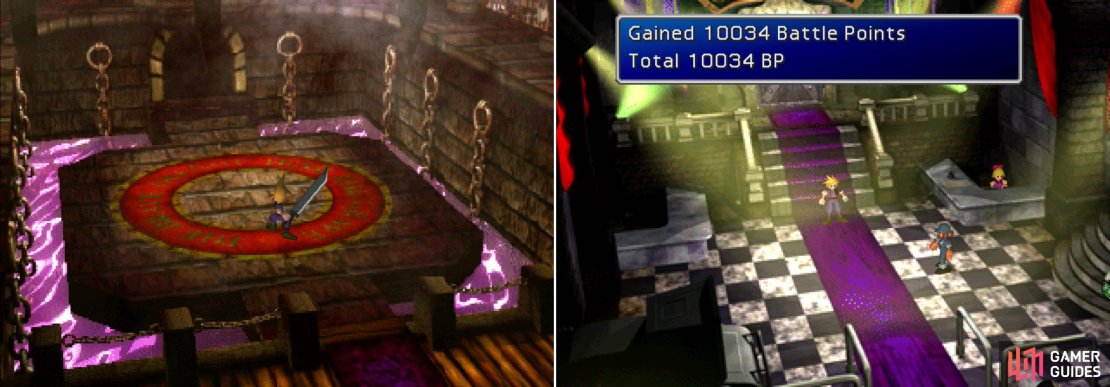 Send a contestant into the Battle Arena (left) and defeat waves of enemies, enduring a handicap each round. The more severe the handicaps you overcome, the more Battle Points you&rsquo;ll earn (right).
