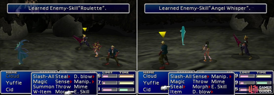 Learn the &ldquo;Roulette&rdquo; Enemy Skill from the Death Dealer (left) and the more useful &ldquo;Angel Whisper&rdquo; Enemy Skill from the Pollensalta (right).