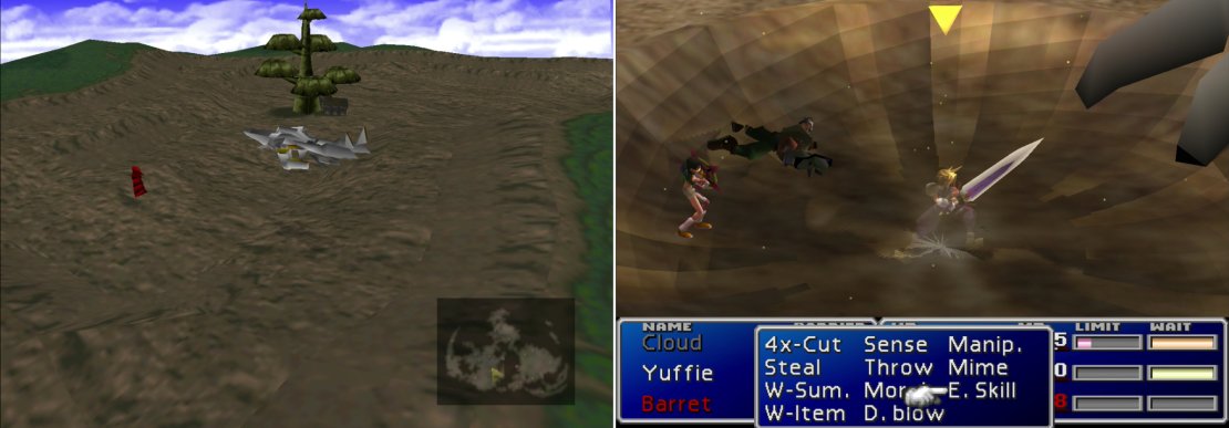You can see Ruby Weapon lurking in the desert around the Gold Saucer (left). Enter combat with two characters dead, or Ruby Weapon will use &ldquo;Whirlsand&rdquo; to remove some character from the fight (right). Fighting Ruby Weapon at less than three-to-one odds is a recipe for disaster.