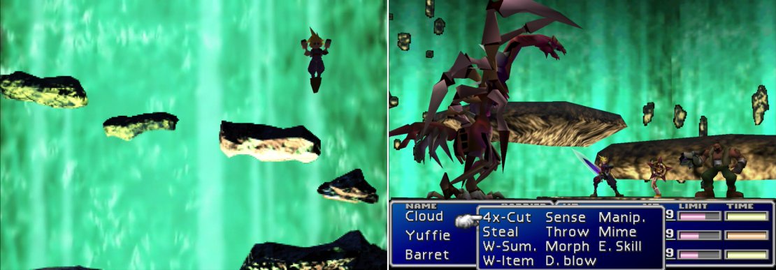 Descend to the heart of the planet&rsquo;s wound by leaping down conveniently-placed platforms (left). On each platform you have a chance to fight a powerful foe (right).