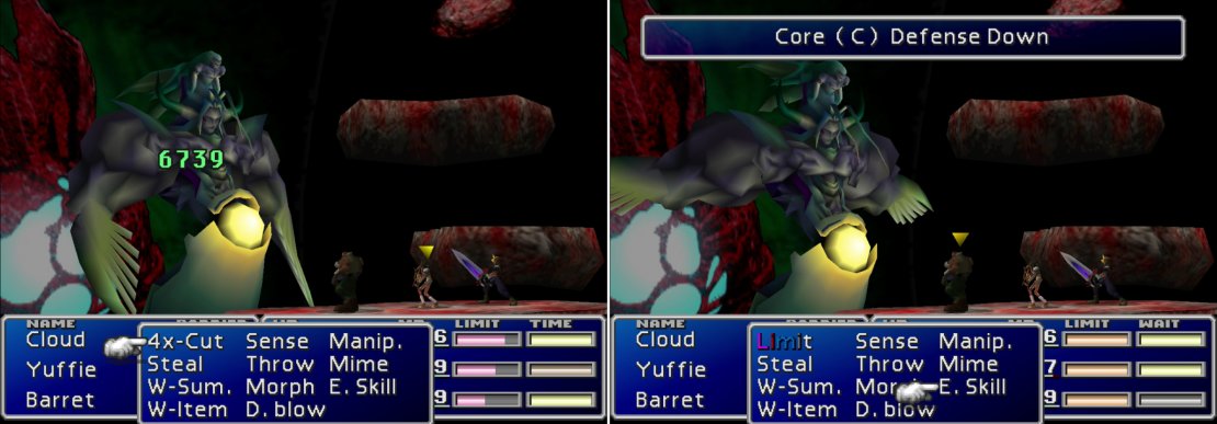 Bizarro Sephiroth will regularly heal itself with &ldquo;Bizarro Energy&rdquo; (left) unless you can take out its core. To leave the core vulnerable you have to destroy one of its arms (left) which will cast offensive spells while alive.