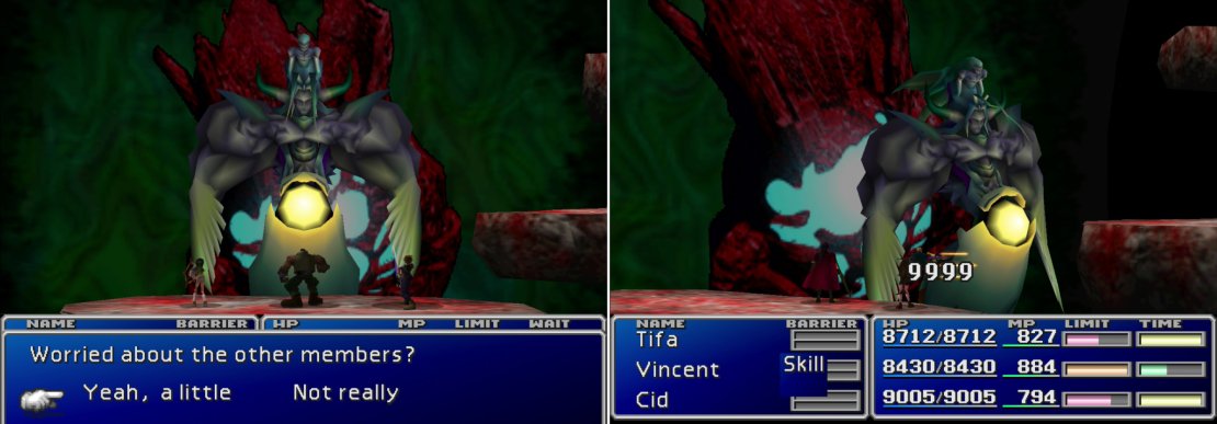 After you destroy a body part, you&rsquo;ll be prompted to switch to another party (left). If you have multiple parties you&rsquo;ll need to kill the arm and core with each group to prevent the body from being healed (right).