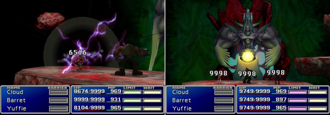 Bizarros Sephiroth isn&rsquo;t going ot stand idly by while you chip away at him, however. Both arms can cast vicious spells (left) and its &ldquo;Heartless Angel&rdquo; attack can reduce an entire party to one HP (right).