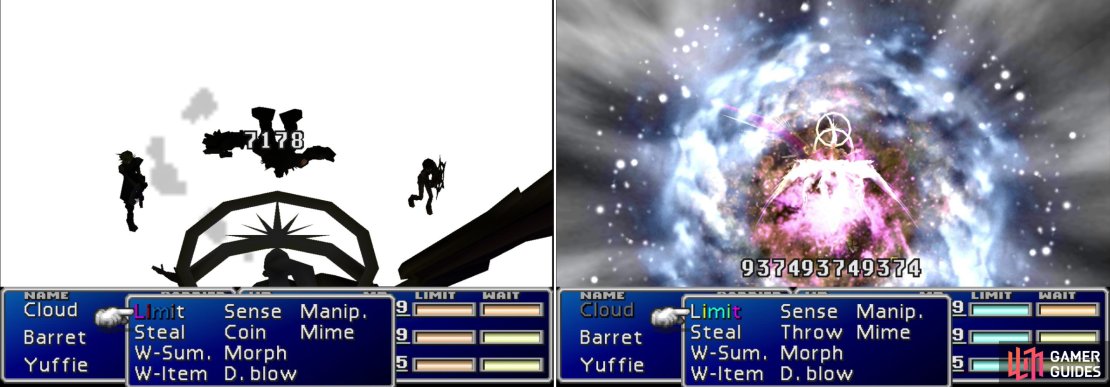 Safer Sephiroth&rsquo;s &ldquo;Shadow Flare&rdquo; attack can deal massive damage to one character (left). But his most danger - and absurdly elaborate - attack is &ldquo;Super Nova&rdquo;, which inflicts a number of status effects and reduces all party members to 1/16th of their current HP (right).