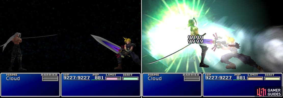 Cloud and Sephiroth will face off one final time (left). After his Limit Meter charges, unleash Cloud&rsquo;s devastating &ldquo;Omnislash&rdquo; Limit Break to finally settle the score (right). This one&rsquo;s for you, Aeris.