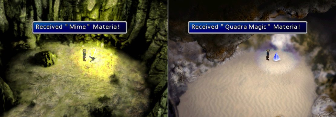 With the Green Chocobo you can find the Mime Materia (left) and with the Blue Chocobo you&rsquo;ll be able to reach the Quadra Magic Materia (right).