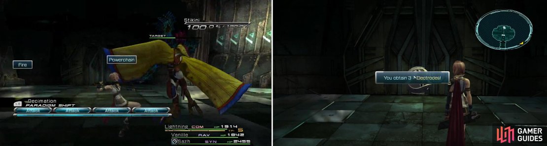 It is hard to gain a preemptive strike here (left) because of the Stikini&rsquo;s vision. After the Berzerker ambush, collect the Electrodes (right).