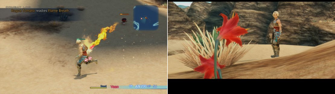 Be wary of Rogue Tomato&rsquo;s Flame Breath (left) after which Vaan will notice some Galbana Blooms (right).