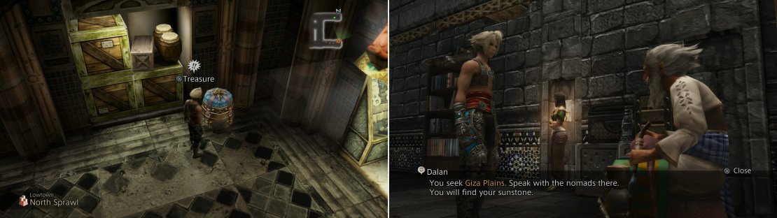 You can find many treasures in Lowtown (left), albeit of dubious value. Find Old Dalan and he&rsquo;ll provide the directions you need (right).
